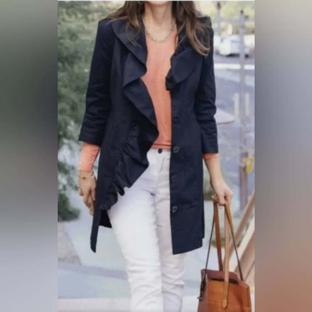 CAbi POSE Navy Blue Ruffle front button up coat